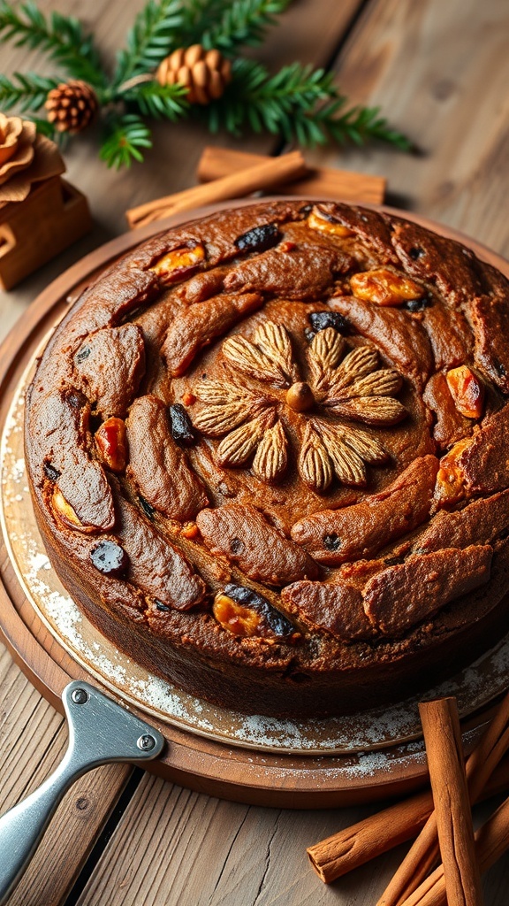 Traditional Christmas Cake Without Icing A traditional Christmas cake without icing, featuring dried fruits and nuts, on a wooden table with festive decorations.